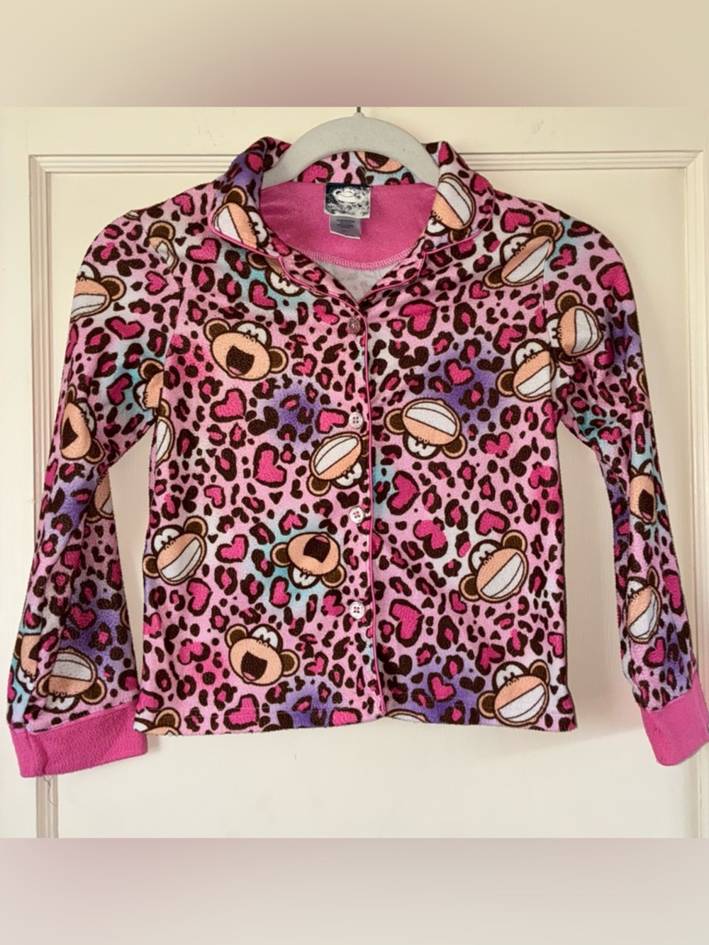 Vintage Bobby Jack 8 Pajamas Top Pink Button Up Shirt Youth Hearts Cheetah
